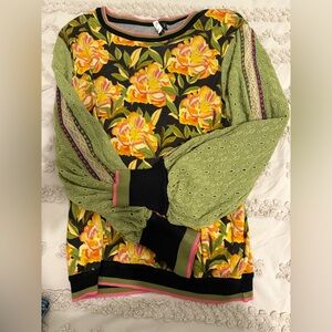 Anthropologie Floral Blouse with Green and Black Accents